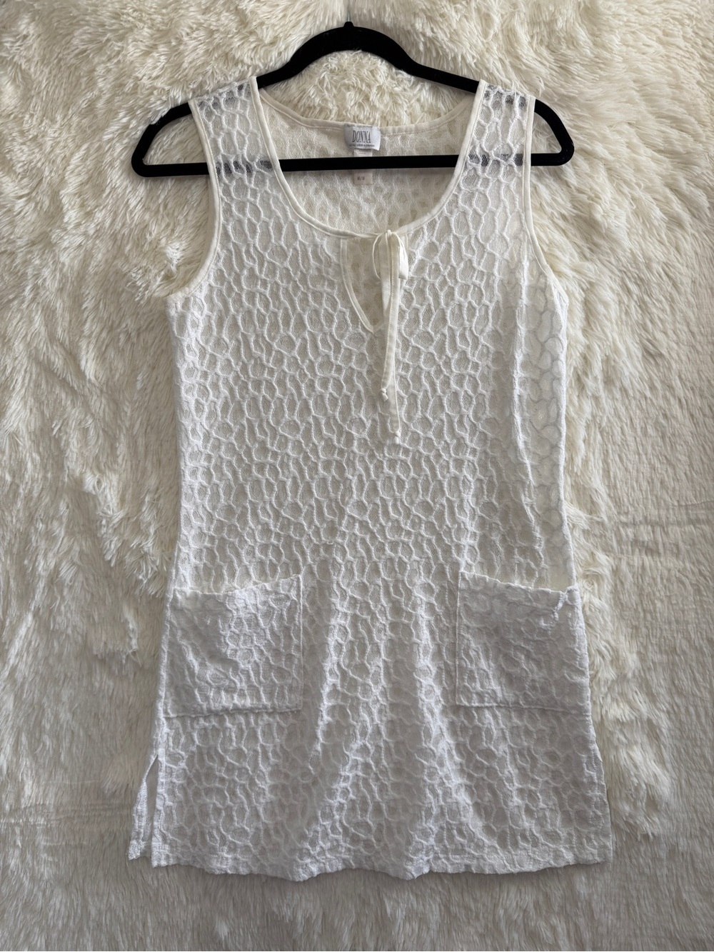 Vintage Donna Womens Lace Crochet Tank Dress M White Beach Coverup Swim Pockets